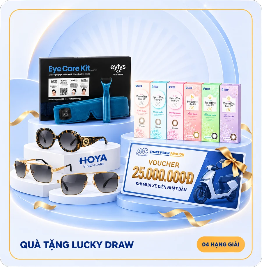 Quà tặng Lucky Draw, 04 hạng giải: voucher 25 triệu đồng khi mua xe điện Nhật Bản, máy chườm ấm Eylys, cặp kính thời trang HOYA và gói quà kính áp tròng màu SEED